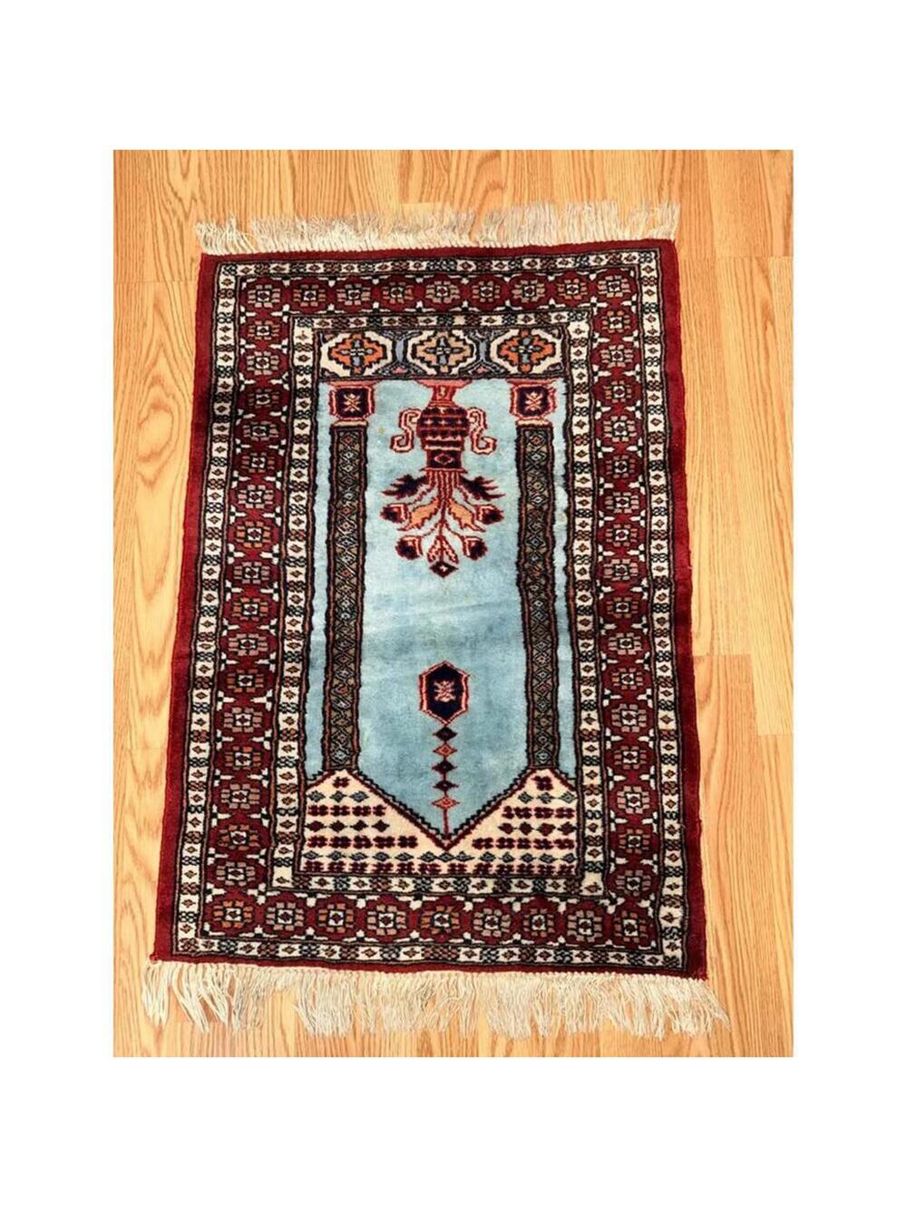 Vintage Turkish Style Prayer Rug 35x24 Blue Red Floral Mihrab Small Rug